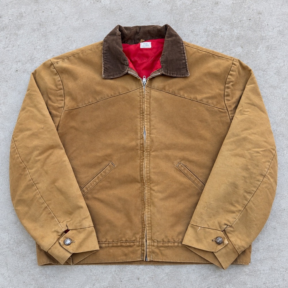 Vintage 60s Sears Work Wear Tan Canvas Quilted Jacket Brown Corduroy Collar L